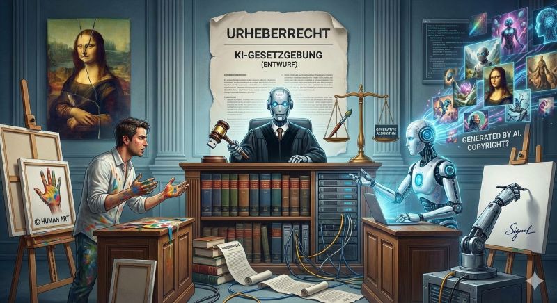 ki-erzeugtes Bild: Gerichtssaal mit menschlichem Künstler, Roboter auf Gegenseite, Richter am Tisch mit Büchern und digitalem Anschluss